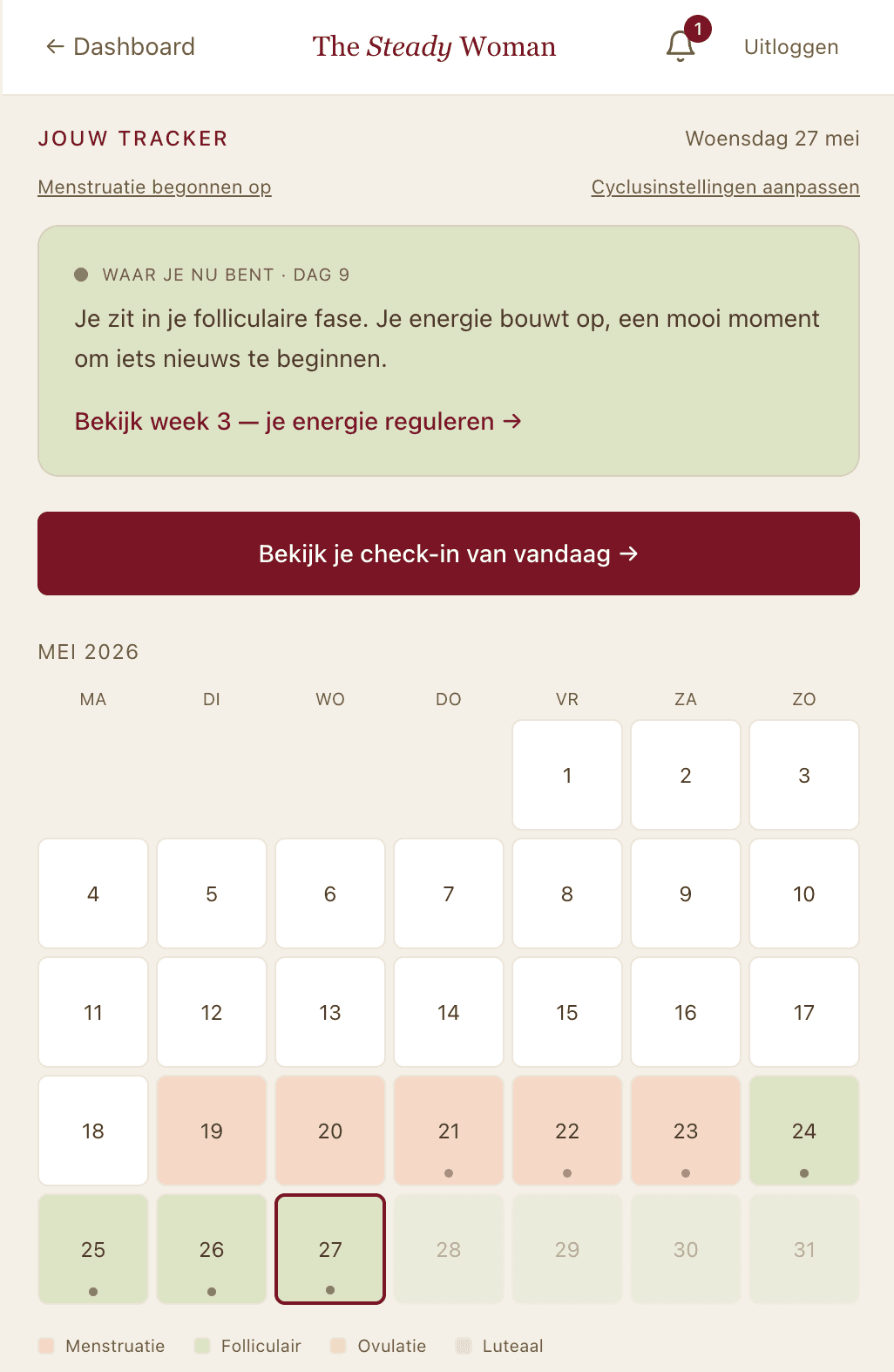 Cyclustracker met kalender en fase-kleuren in The Steady Woman app