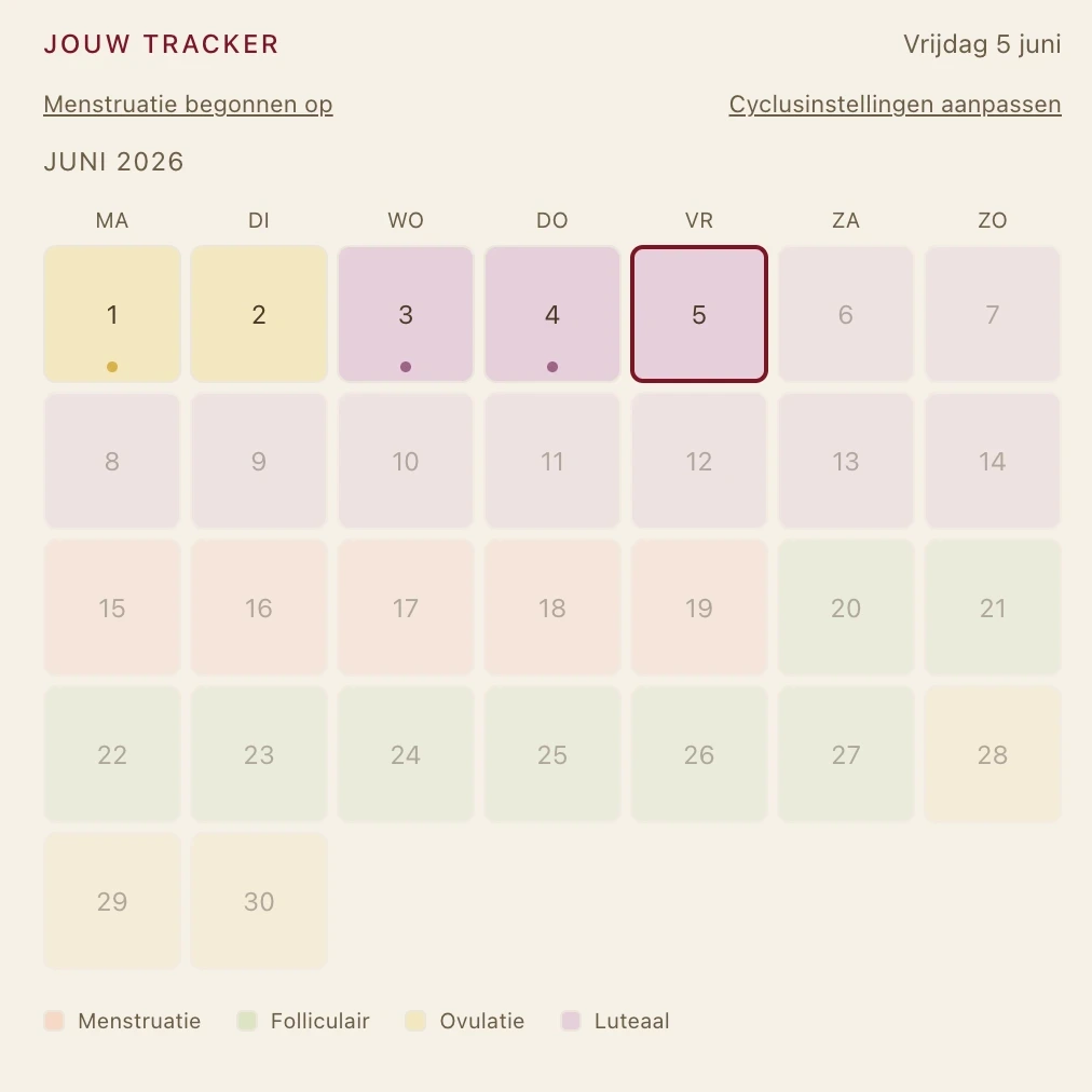 Cyclustracker-maandkalender met fase-gekleurde dagen in de app