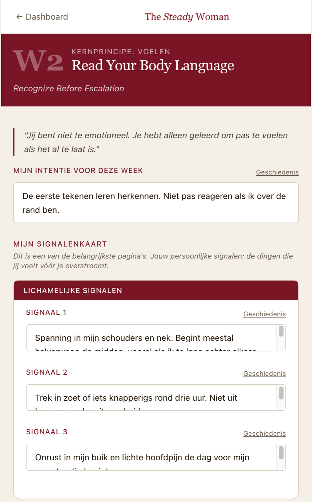 Week-sectie van het werkboek in The Steady Woman app