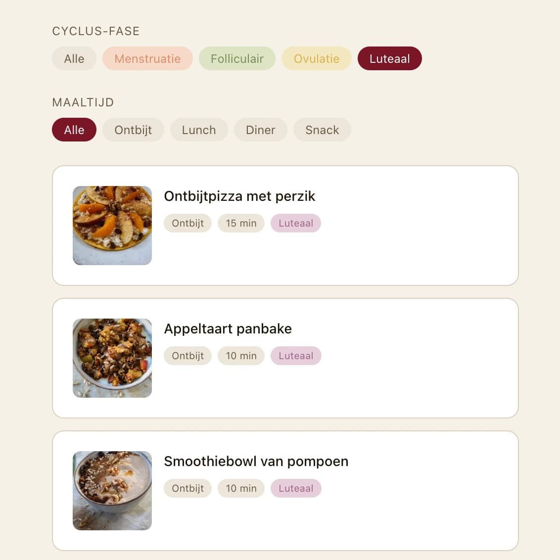 Recepten-overzicht met fase-filter en recept-kaarten in de app